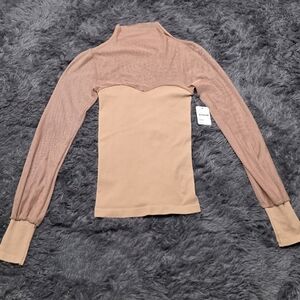 Free People- Tan Mesh Long Sleeve Top. Size XS-S. NWT